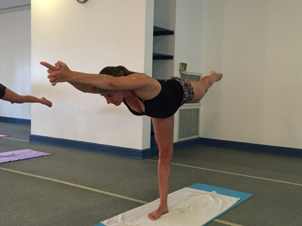 Carly in a Bikram yoga pose
